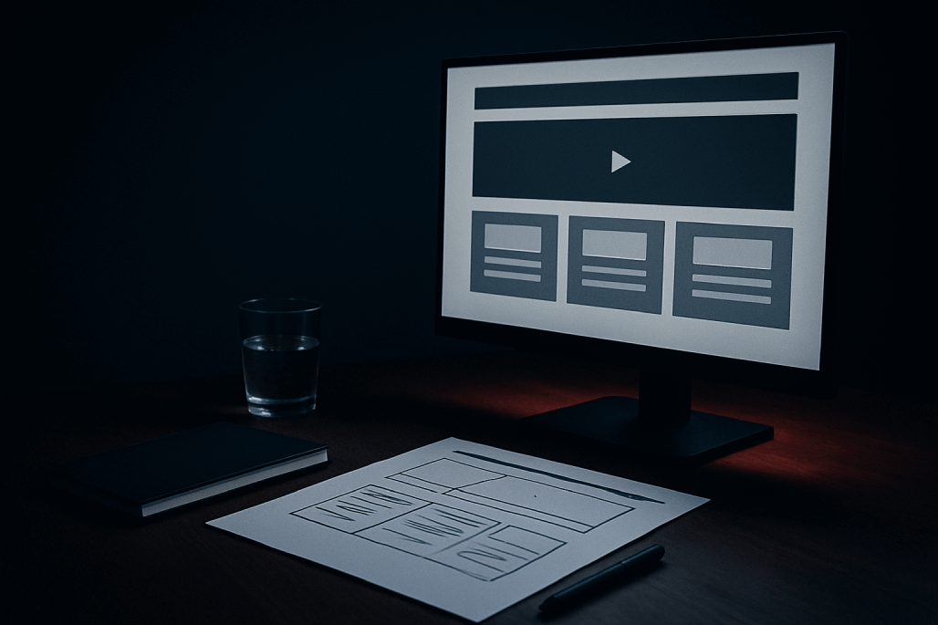 Computer displaying a wireframe layout at a dark workspace