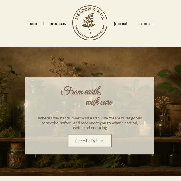 Meadow & Mill apothecary and artisan goods website preview