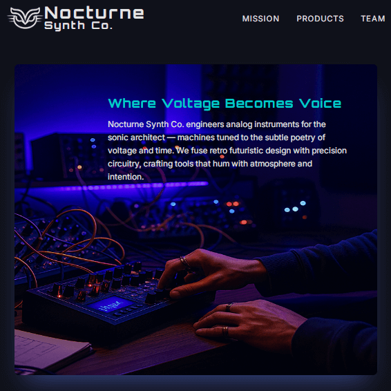 Nocturne Synth Co retro-futuristic synthesizer website preview